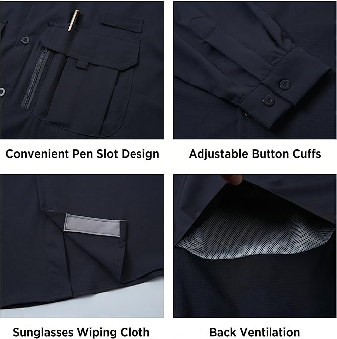 Men's Long Sleeve Fishing Shirts UPF 50+ Sun Protection Quick Dry Shirts Button Down Shirt for Hiking Camping