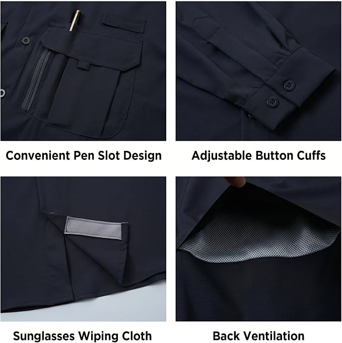 Men's Long Sleeve Fishing Shirts UPF 50+ Sun Protection Quick Dry Shirts Button Down Shirt for Hiking Camping