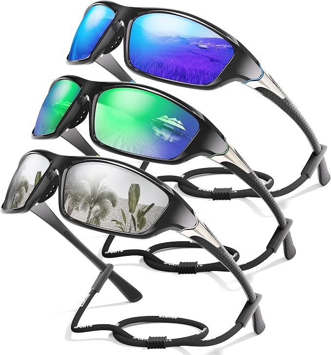 3 Pack Polarized Sports Sunglasses for Men, Mens Sunglasses Wrap Around UV Protection for Cycling Fishing Driving