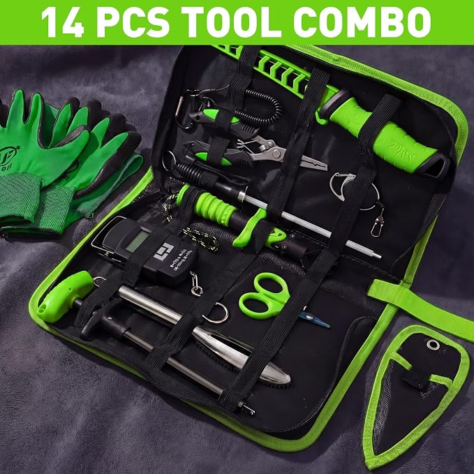 RoundFunny 14 Pcs Fishing Tool Kit, Fillet Knife, Fishing Pliers with Lanyard, Digital Scale, Lip Gripper, Hook Remover Fish Scaler Braid Scissors Gloves Sharpening Rod Retractor Towel Bag
