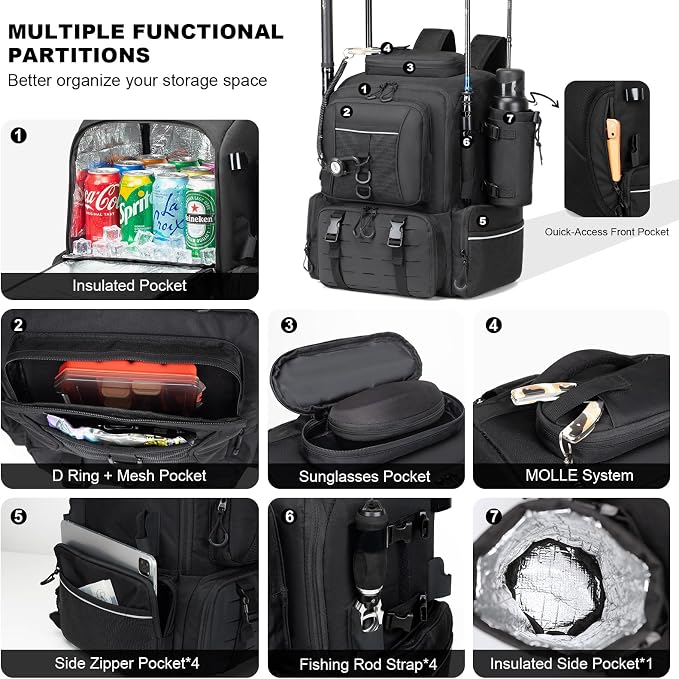 WANOON Fishing Backpack 45L - Waterproof with Insulated Bait Pocket & 4 Rod Holders | Easy-to-Clean Cooler Liner