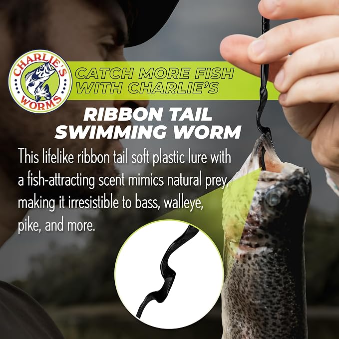 Charlie's Worms Artificial Fishing Bait 8" Ribbon Tail Swimming Worm, Freshwater Saltwater Bass Soft Lures Scented 10pk