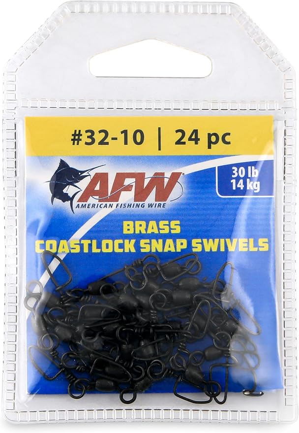 AFW Brass Coastlock Snap Swivels – Durable Fishing Gear with High-Strength Wire Snaps, Black Oxide Finish, Prevents Line Twisting & Kinking, Supports Up to 350 lb Test.