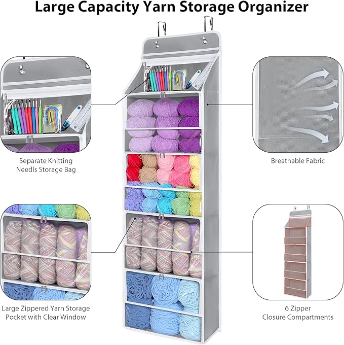 Univivi Hanging Yarn Storage Organizer with 5 Zipper Closure Compartments, Large Capacity Knitting Organizer Storage, Over the Door Hanging Yarn Holder for Knitting Needles, Crochet Hooks (Light Grey)
