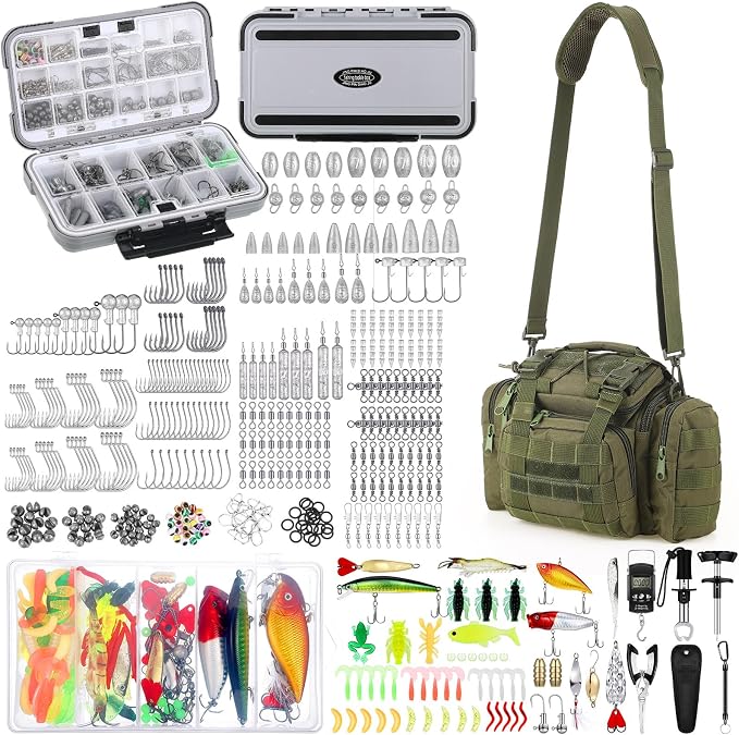 Sosation 482 Pcs Gifts for Men Fishing Gear Equipment Sling Tackle Bag for Father Day Lightweight Fishing Backpack Tackle Box Included Fish Hook Remover Tool Lures Lip Gripper(Military Green)