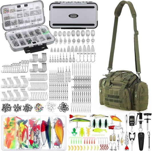 Sosation 482 Pcs Gifts for Men Fishing Gear Equipment Sling Tackle Bag for Father Day Lightweight Fishing Backpack Tackle Box Included Fish Hook Remover Tool Lures Lip Gripper(Military Green)