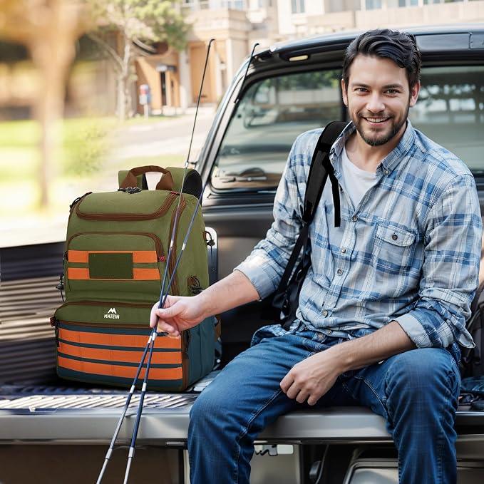 MATEIN Fishing Backpack Tackle Box, Water Resistant Tackle Backpack with Cooler & Rod Holders, Fishing Gifts for Men
