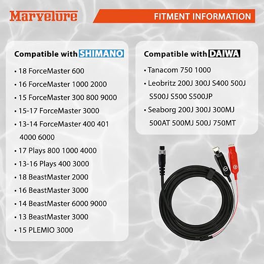 Power Cord Cable 10 FT (300 CM) Compatible for Daiwa Tanacom Seaborg Leobritz, Shimano Plays BeastMaster ForceMaster Electric Fishing Reels (Black (1 Pc))