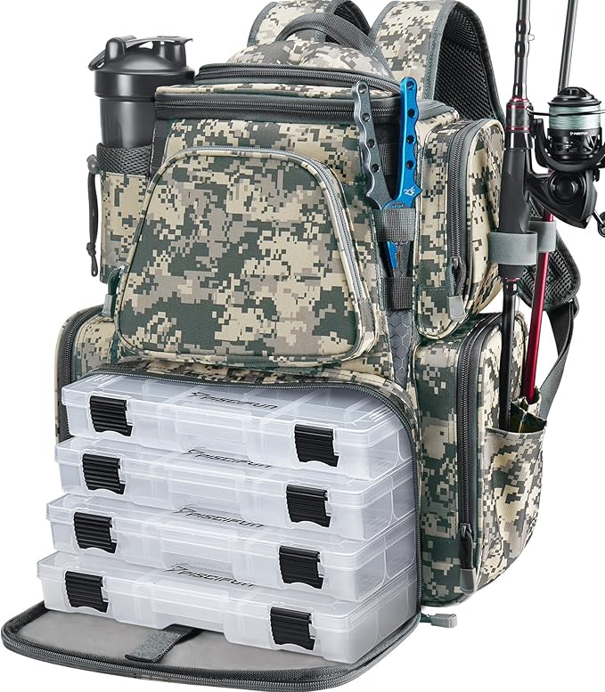 Piscifun Fishing Backpack with 2 Rod Holders & 4 Tackle Boxes, Large Tackle Storage Bag With Rain Cover for Fishing Gear