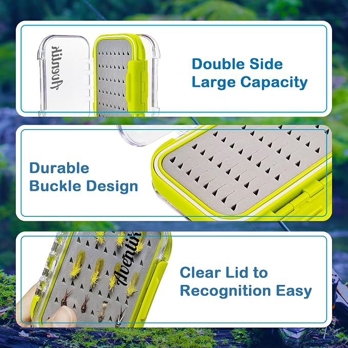 Aventik Waterproof Clear Fly Box Double Sides Floating Lightweight Fly Fishing Case Large Capacity Grip Foam Nymph Wet Dry Flies Lure Box(H18 Green, SIZE A:4.24X3.04X1.36inch)