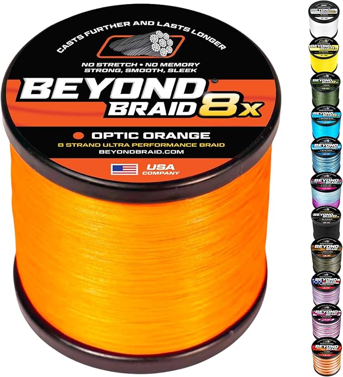 Beyond Braid Braided Fishing Line -Super Strong - Abrasion Resistant - No Stretch -Blue Camo, Moss Camo, White, Green, Pink, Blue, 4 Strand 8 Strand