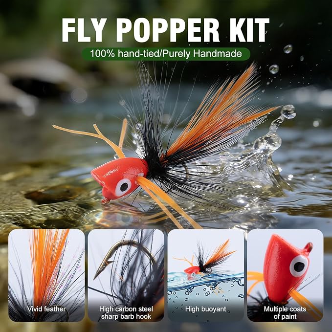 Goture Fly Fishing Poppers Lures, Topwater Popper Flies Bugs Lure, Fly Fish Poppers Fishing Lures Kit, Dry Flies for Panfish Bluegill Crappie Sunfish Bass Trout Salmon
