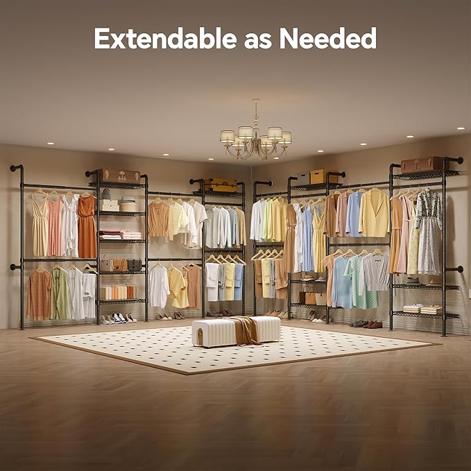W4 Industrial Pipe Clothing Rack Wall Mounted Closet System Expandable Clothes Rack for Hanging Clothes, Heavy Duty Garment Rack Adjustable for Walk in Closet, Black