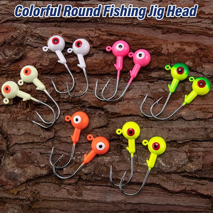 Alwonder 10-Pack Round Fishing Jig Heads, Bass Ball Jigs Hooks 3D Eyes High Carbon Steel 1/8-1/2OZ Pompano Jig Head Saltwater Freshwater Jigs Heads for Fishing Pompano Bass Trout Walleye Striper
