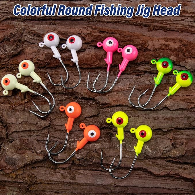 Alwonder 10-Pack Round Fishing Jig Heads, Bass Ball Jigs Hooks 3D Eyes High Carbon Steel 1/8-1/2OZ Pompano Jig Head Saltwater Freshwater Jigs Heads for Fishing Pompano Bass Trout Walleye Striper