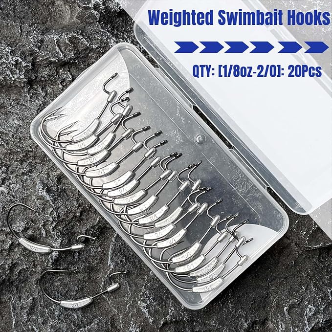 20Pcs Weighted Bass Fishing Hooks Set, Customized Swimbait Hooks Wide Gap Weedless Worm Fish Hook with Molded Bait Keeper 1/0 2/0 3/0 4/0