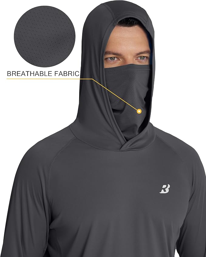Roadbox Men's UPF 50+ Hooded Fishing Shirts Long Sleeve Sun Protection Hoodie, Hiking Running Swimming Rash Guard with Mask