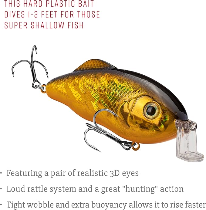 Strike King Hybrid Hunter Shallow Jr. Fishing Lure, Shallow Diving Crankbait, 90-Degree Bill, 3D Eyes, Loud Rattle, Dives 1 to 3-Feet,Size 4 & 6 Treble Hooks