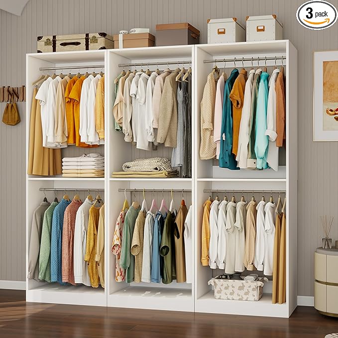 Closet System with 9 Hanging Rods& Shelf , 6FT Small Closet Organizer System Wood with Extra Side Hanging Rod for Walk in Closet Storage, Modular Closet Systems, White(6FT)