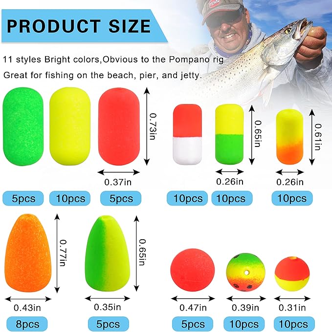 SILANON Pompano Rigs Floats Beads Kit,Foam Snell Fishing Floats Bobbers for Surf Fishing Live Bait Walleye Rig Making Accessories Bullet Cylinder Float for Trout Catfish
