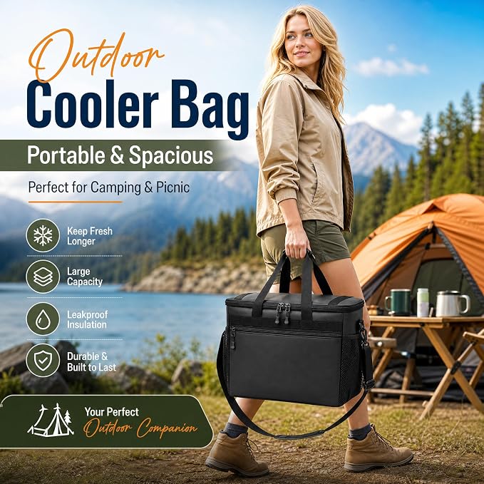 Insulated Cooler Bag 38L Leakproof Soft Cooler Tote Dual Compartment Waterproof Beach Ice Chest,Collapsible Bag Organizer Holds 50 Cans for Camping Picnic Travel Fishing Grocery Sports Event