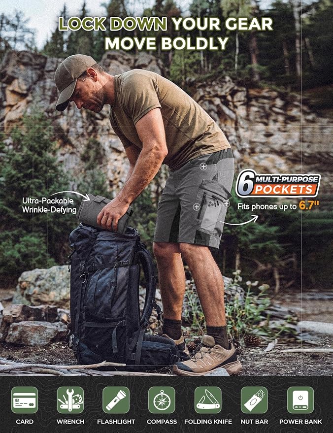 XKTTAC Men's Outdoor Quick Dry Lightweight Stretchy Shorts for Hiking, Tactical, Camping, Travel with 6 Pockets