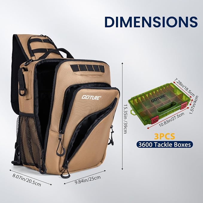 Goture Khaki Fishing Bag with Tackle Boxes, Crossbody Sling Tackle Backpack for Men, 20L Large Capacity Fits 3600 Trays, Durable Fishing Gear Storage, Best Fishing Gifts for Anglers