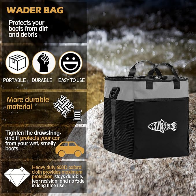 Riverruns Fishing Hunting Wader Bag with Vented Mesh, Waders Boots Bag, Fly Fish Storage Bag for Fishing, Hiking, Camping