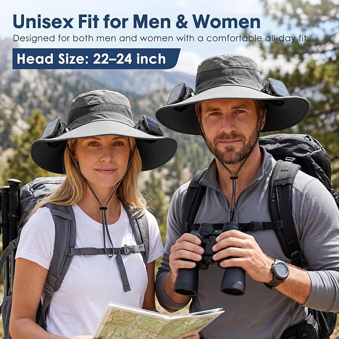 Solar Fan Hat, UPF 50+ Wide Brim Sun Hat with 2 Fans, Solar & USB Rechargeable, 3 Speeds for Fishing/Camping/Hiking/Gardening