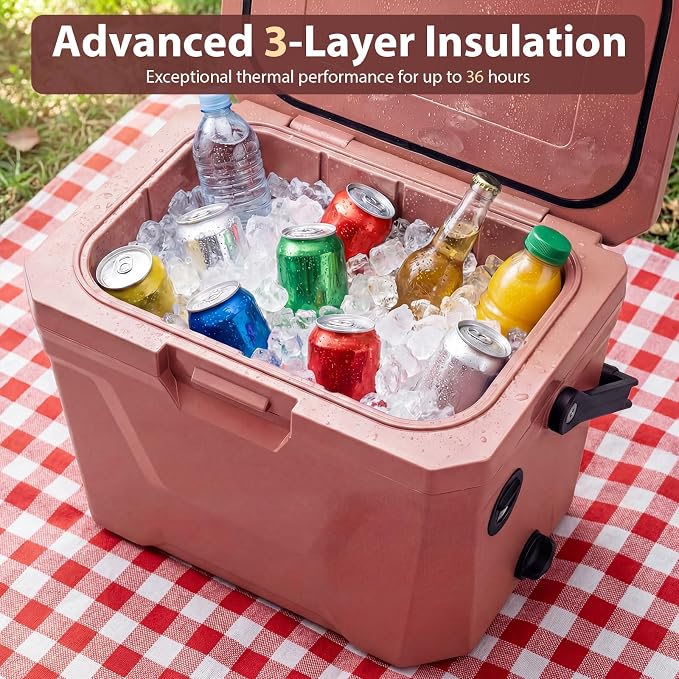 KOTEK 21qt Hard Cooler, Insulated Portable Ice Chest with Drain Plug, Bottle Opener & Cup Holders, Outdoor Cooler with Handle for Camping, Beach, Fishing and Boating