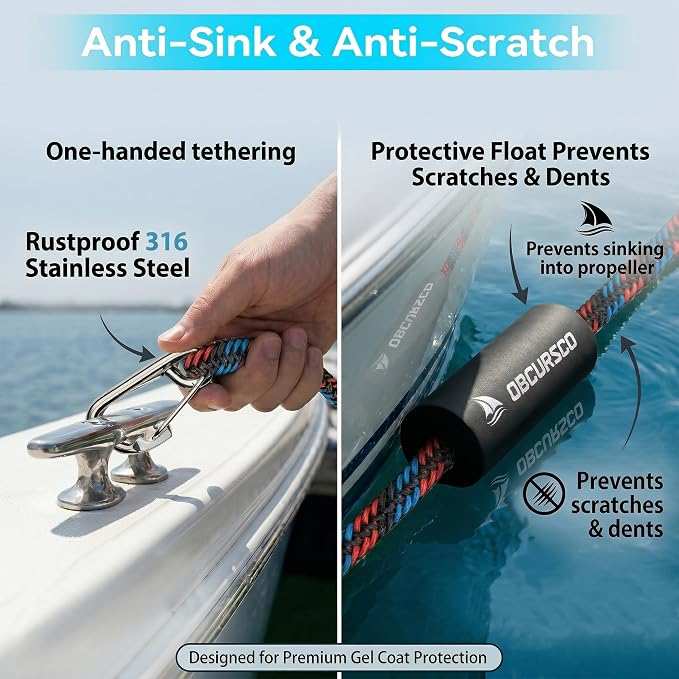 Obcursco Heavy Duty Boat Dock Lines (7ft & 14ft) - 1/2" Marine Mooring Rope with 316 Stainless Steel Clip - Accessories for PWC, Pontoon, Center Console, Jet Ski (Black/Red/Blue, 2 Pack)