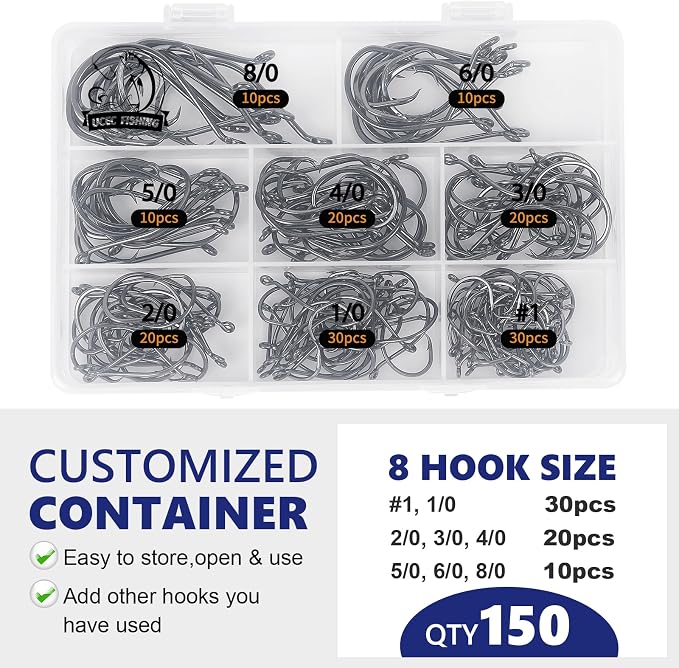 UCEC Circle Hooks Fishing Hooks 2X Strong Offset Circle Hooks Saltwater Black High Carbon Steel Octopus Catfish Fishing Hooks Fishing Gear Tackle 150pcs/ 240pcs - Size:#1 1/0 2/0 3/0 4/0 5/0 6/0 8/0