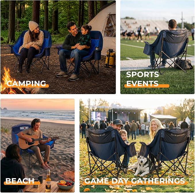 Overmont Oversized XL Camping Chair for Adults - 500lbs Support Heavy-Duty Padded Folding Chair with Side Pocket Cup Holder Cooling Bag for Outdoor Sports Garden Beach Fishing Lawn Blue