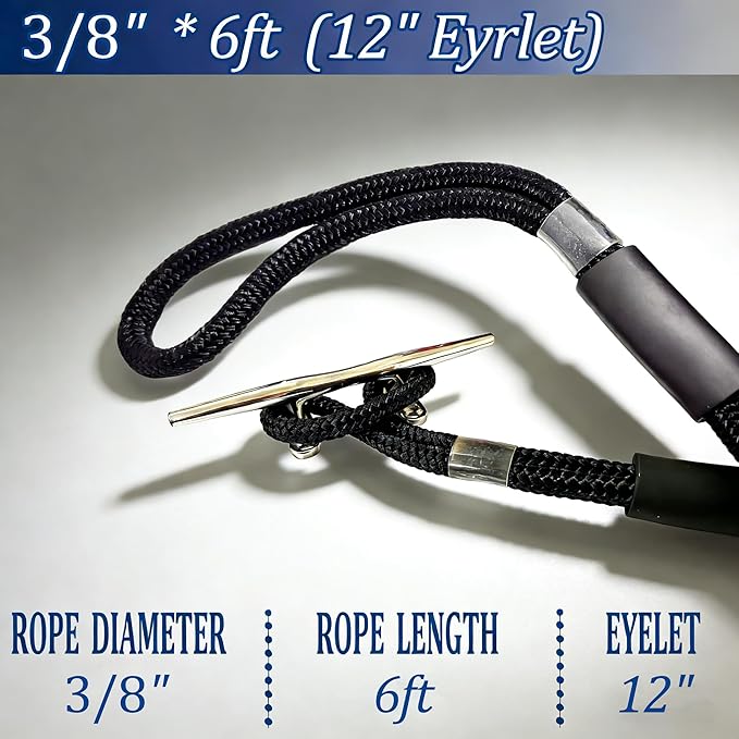 Boat Dock Lines, 3/8" x 6ft Double Braided Nylon Docking Line with Loop, Marine Grade Boats Mooring Rope, Boating Accessories
