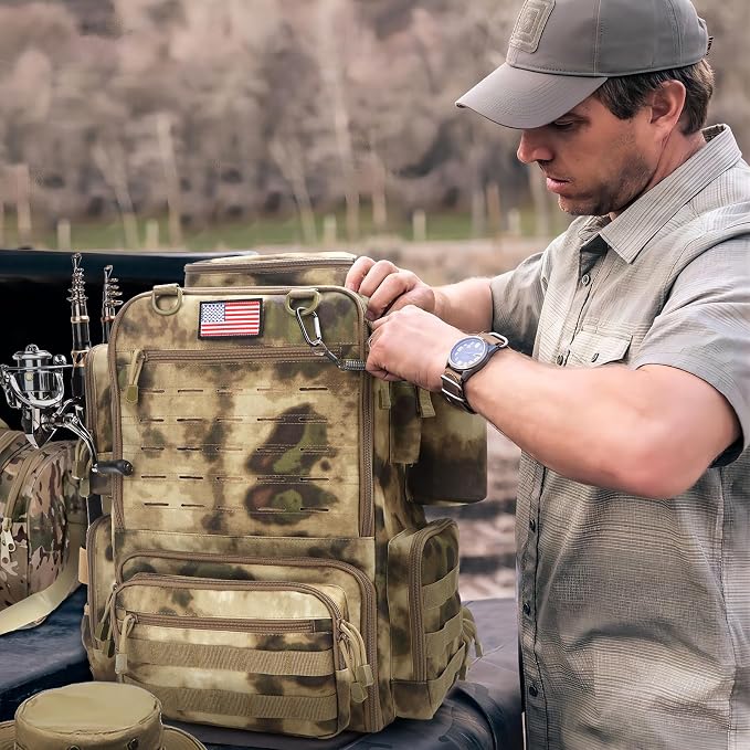 Fishing Backpack, Fishing Tackle Backpack with Rod Holders for 4 Boxes (Box Not Included) 45L Waterproof Fishing Gear, Ideal for Men and Women Large Tackle Box Bag (Sahara Khaki Camo)