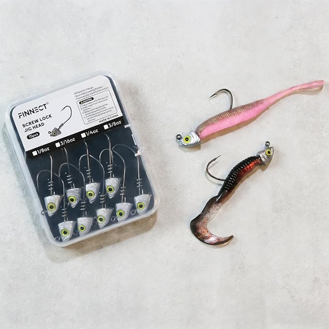 Screw Lock Swimbait Jig Heads 15 Pack, 3D Chartreuse Eyes & Sharp Hooks, Lead Fishing Jigheads for Bass Fishing, 1/8oz, 3/16oz, 1/4oz, 3/8oz