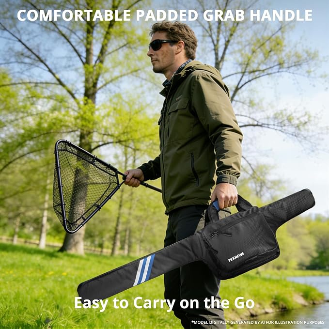 PEKREWS Fishing Rod Case, 52inch Fishing Pole Bag (3.9ft-4.4ft) with Tackle Pockets, Fits Break-Down Spinning, Casting Rod Reel Combo, Padded Soft Rod Bag with Strap Handle, Pole Travel Case, Blue
