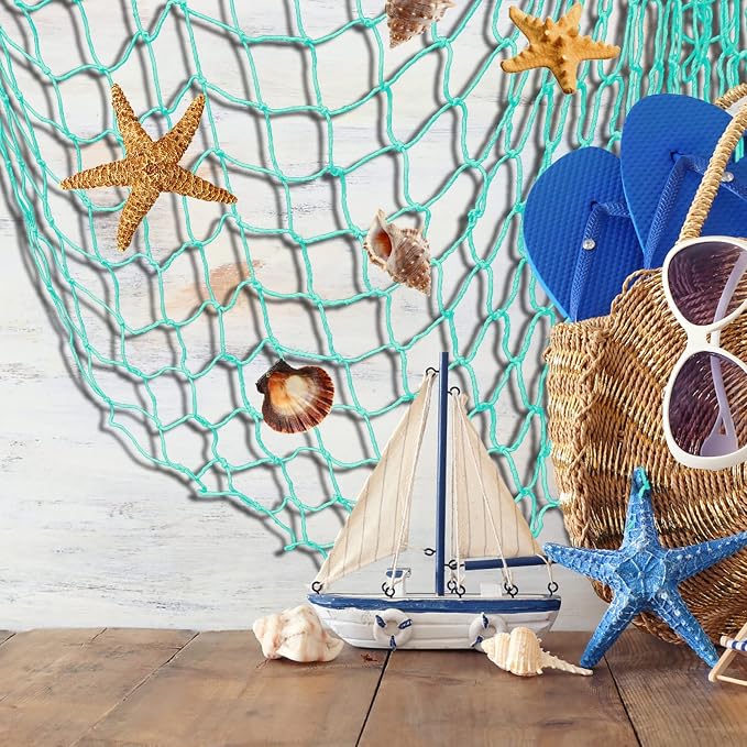 12 Pieces Natural Fish Net Decoration 80" x 40", Wall Hanging Cotton Fishnet Decor for Underwater, Mermaid, Pirate, Hawaiian, Nautical Ocean Theme Beach Bash Party Decoration (Beige, Blue, Pink, Aqua)