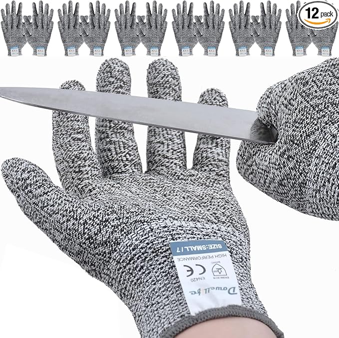 Dowellife 12 Pairs Cut Resistant Gloves Food Grade Level 5 Protection, Safety Kitchen Cuts Gloves for Mandolin Slicing, Fish Fillet, Oyster Shucking, Meat Cutting and Wood Carving (Black Gray, Small)