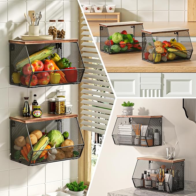 Stackable Fruit Basket for Kitchen Countertop Space Saving, Wall Mounted Mesh Metal Wire Basket with Wood Lid Extra Storage, 2 Pack Kitchen Counter Organizer for Snack, Onion and Potato Storage, Black