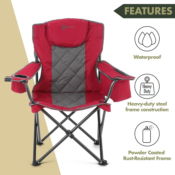 ARROWHEAD OUTDOOR Portable Deluxe Folding Camp Quad Chair w/Headrest, Glass & Cup Holders, Armest 6-can Cooler, Heavy Duty Carry Bag, 550 lbs Weight Capacity