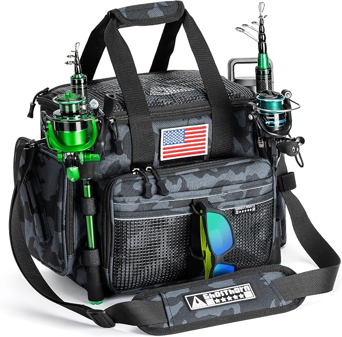 Ghosthorn Fishing Tackle Bag with Rod Holder Saltwater & Freshwater Resistant Tackle Box Bag - Adjustable Padded Shoulder Strap (Black Camouflage)