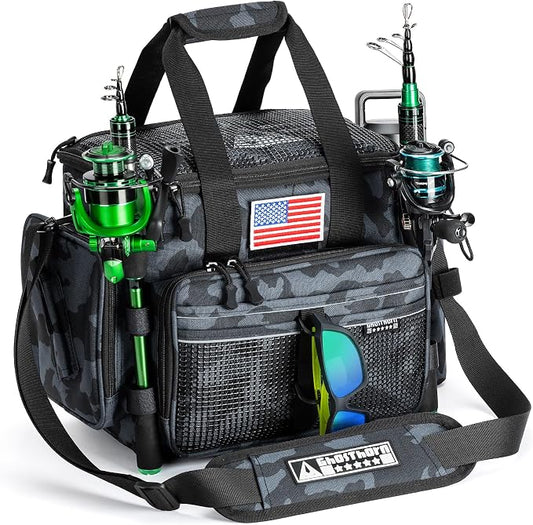 Ghosthorn Fishing Tackle Bag with Rod Holder Saltwater & Freshwater Resistant Tackle Box Bag - Adjustable Padded Shoulder Strap (Black Camouflage)