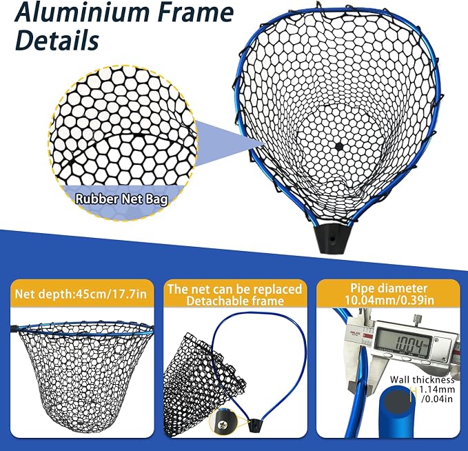 Telescoping Metal Lock Fishing Net Blue Aluminum Alloy Rubber Fish Net - Adjustable Length Lightweight Foldable Large Fishing Net with Handle Collapsible Extendable Fishing Accessories