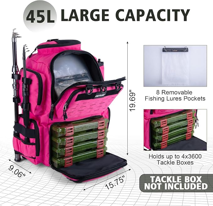 Goture Fishing Backpack, 900D Water-Resistant Tackle Backpack with Rod Holders, 45L Large Fishing Bag Storage Gear Tackle Bag with 8 Lure Pockets, Rain Cover for Camping Hiking(Without Tackle Box)