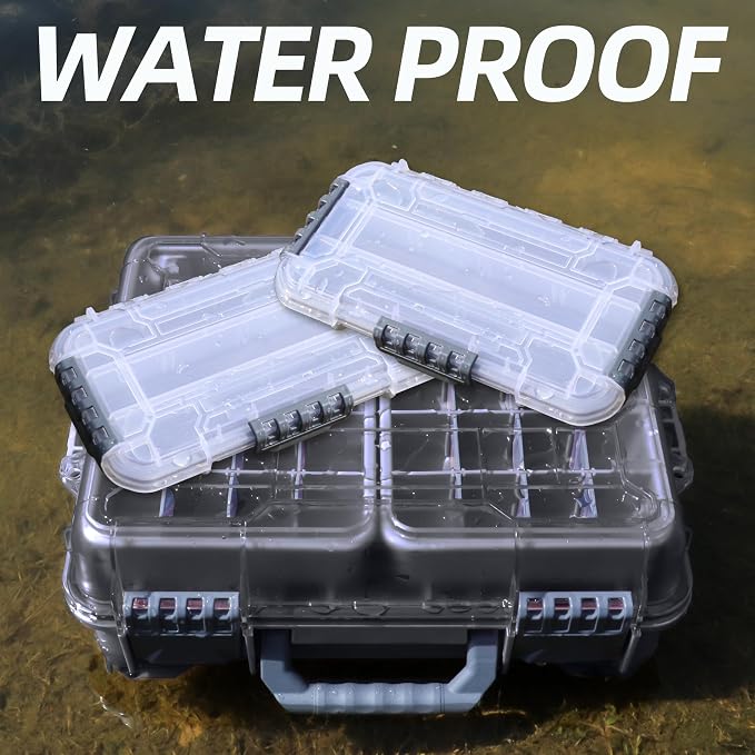 RUNCL Universal Fishing Tackle Box with Two Small Tackle Tray, Removal Inside Design Waterproof Trunk Storage Box, Thicker Floating Airtight Stowaway, Xmas Surprise Fishing Gifts for Men Women