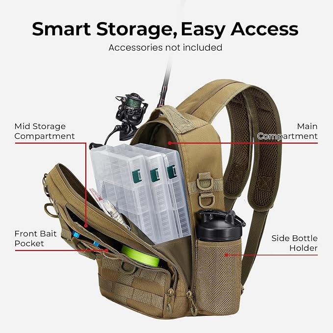 Piscifun Fishing Backpack with Rod Holder, Lightweight Sling Bag Storge Gear and Equipment