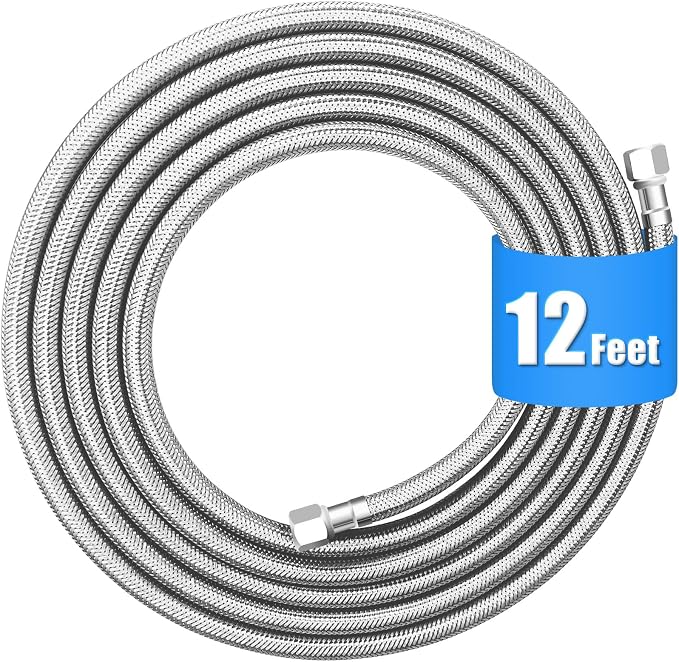 Refrigerator water line - 12 FT Premium Stainless Steel Braided Ice Maker Water Hose,Food grade PEX Inner Tube Fridge Water Line with 1/4" Fittings for Refrigerator Ice Maker