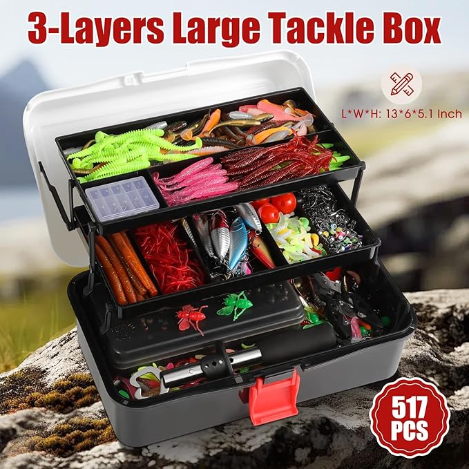 517 Pcs Father's Day Large 3 Layers Tackle Box with Tackle Fishing Lures Kit Included Pliers, Fish Lip Gripper, Crankbait, Hooks, Other Accessories Fishing Kit for Men Gifts(Black White)