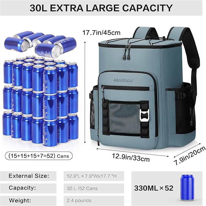 Hulongo Cooler Backpack, 30L Insulated Leakproof Soft Cooler Bag for 52 Cans, Lightweight Backpack for Beach, Picnic, Camping, Hiking, Fishing and Travel